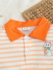 Children's orange and white striped polo shirt with bunny graphic and orange collar.
