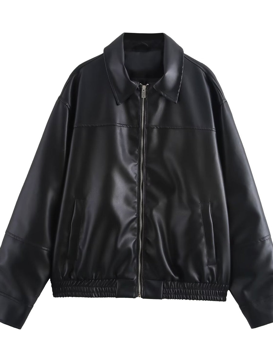 black bomber jacket with hip-length and zip-front