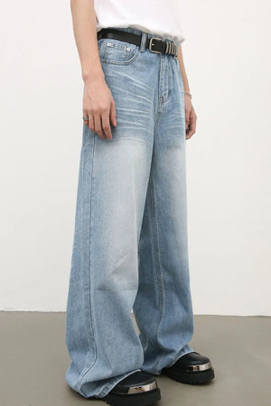 Baggy light blue denim palazzo jeans with a faded wash and wide leg.