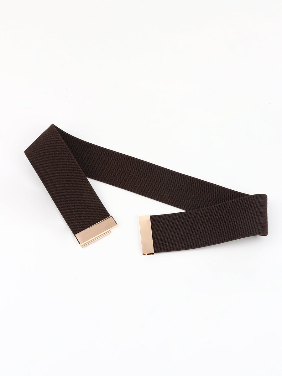 Wide elastic belt in Chocolate with gold clasp detail.