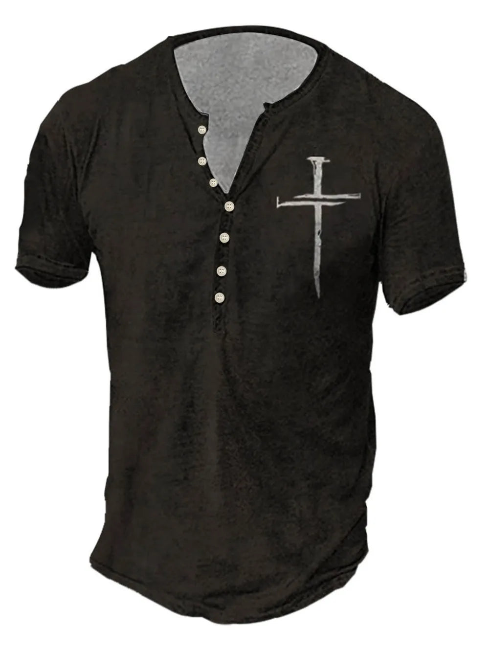 Black cotton blend henley t-shirt with a white cross print on the chest.