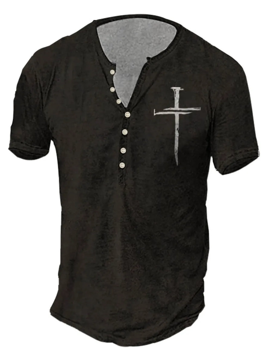 Black cotton blend henley t-shirt with a white cross print on the chest.