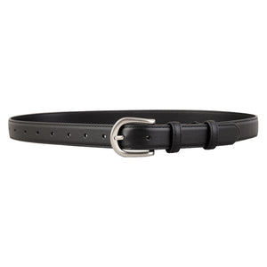 Black cowhide leather belt with a sleek silver buckle and multiple holes.