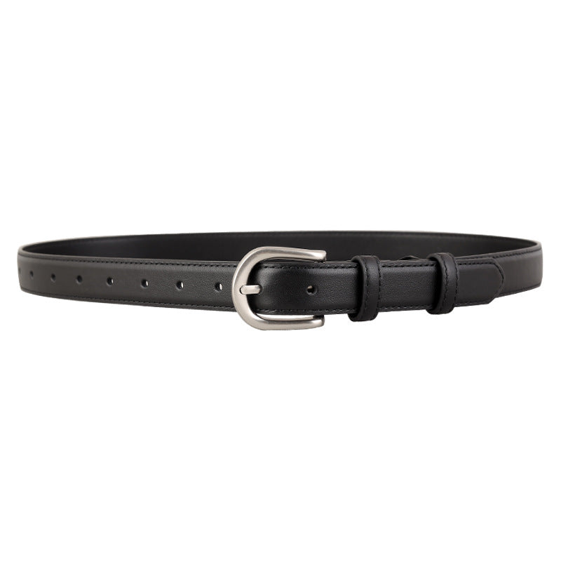 Black cowhide leather belt with a sleek silver buckle and multiple holes.