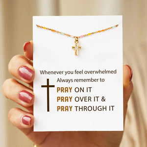 Gold rainbow bead cross pendant necklace with a diamond accent on a card with a prayer message.