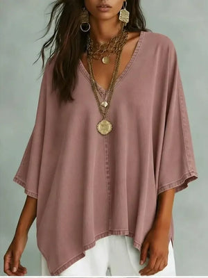 V-neck Batwing Sleeve T-shirt in Camel