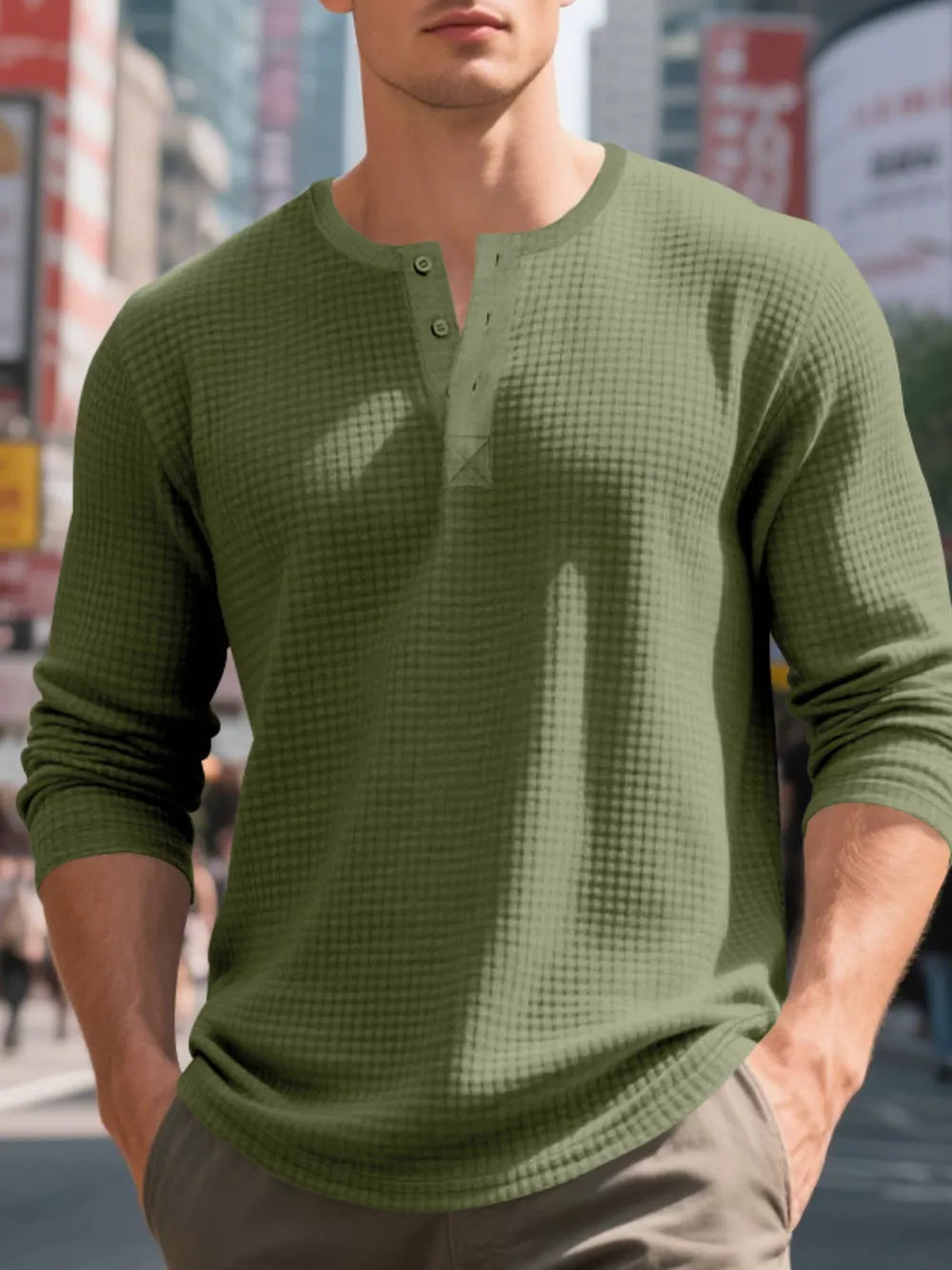 Men's Army Green Waffle Knit Henley T-Shirt with button placket