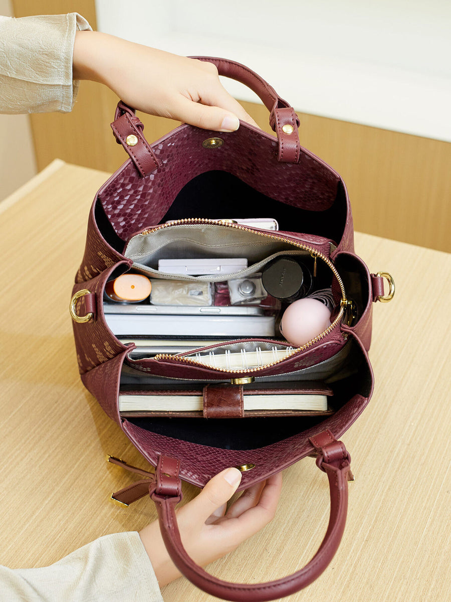 Snakeskin Pattern Medium Tote Handbag in Wine Red with top handles