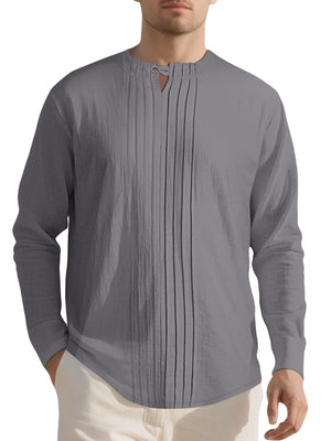 Grey Men's Casual Pleated Long Sleeve Shirt Plus Size