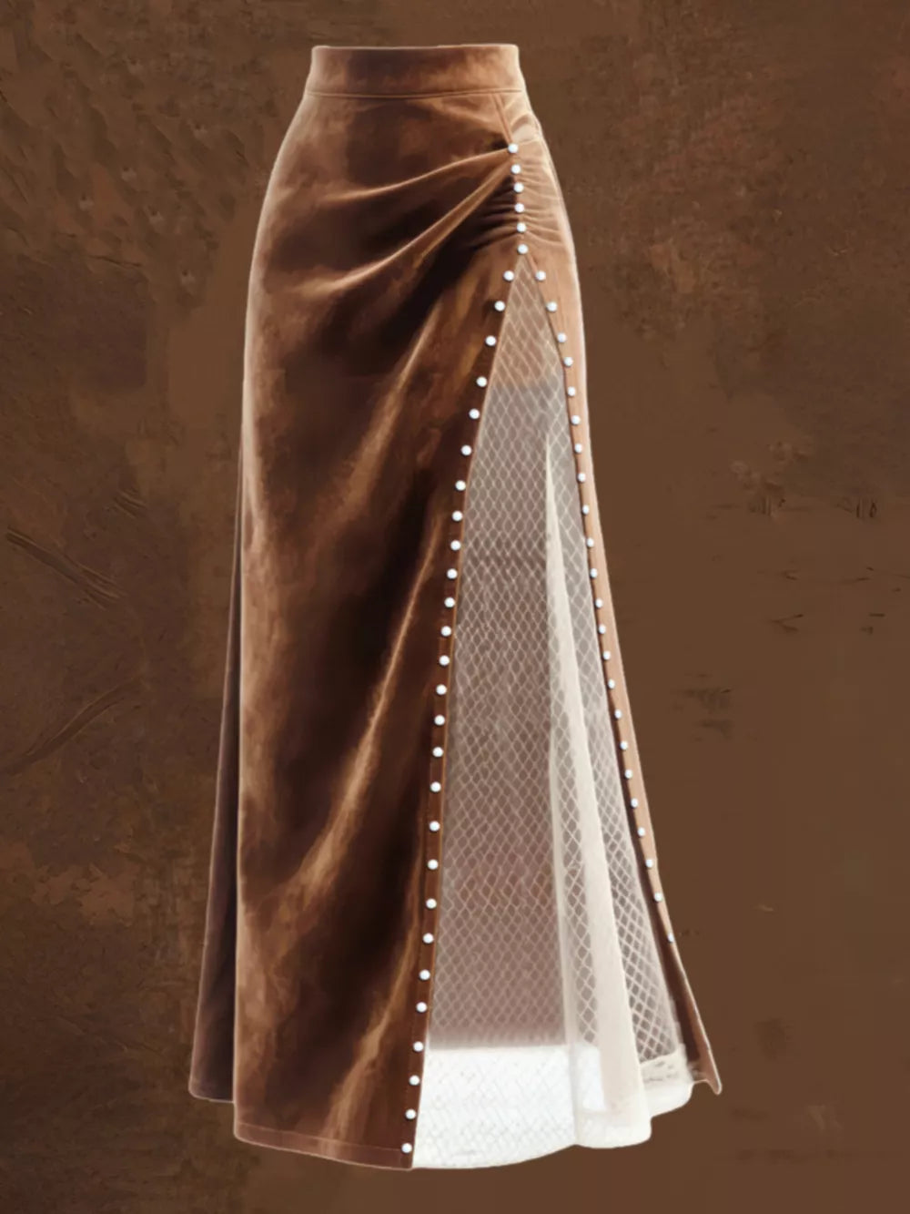 Dark brown velvet maxi skirt with pearl trim and sheer panel detail.