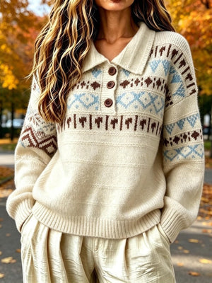 cream pullover sweater with Fair Isle and collared