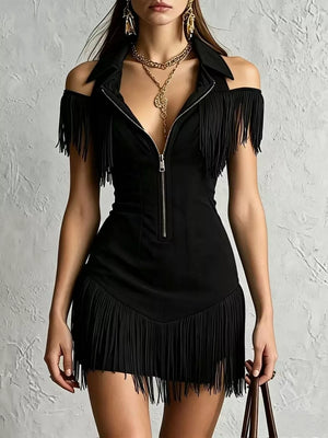 Black fringed cold shoulder mini dress with zip front and collar.