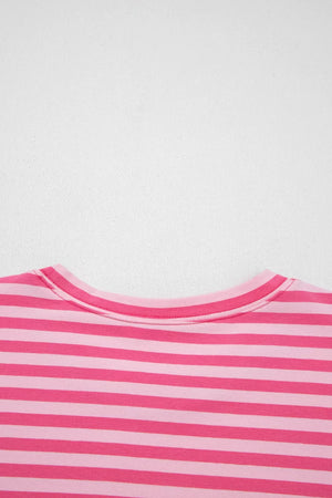 Pink and hot pink striped cotton crew neck top with button detail
