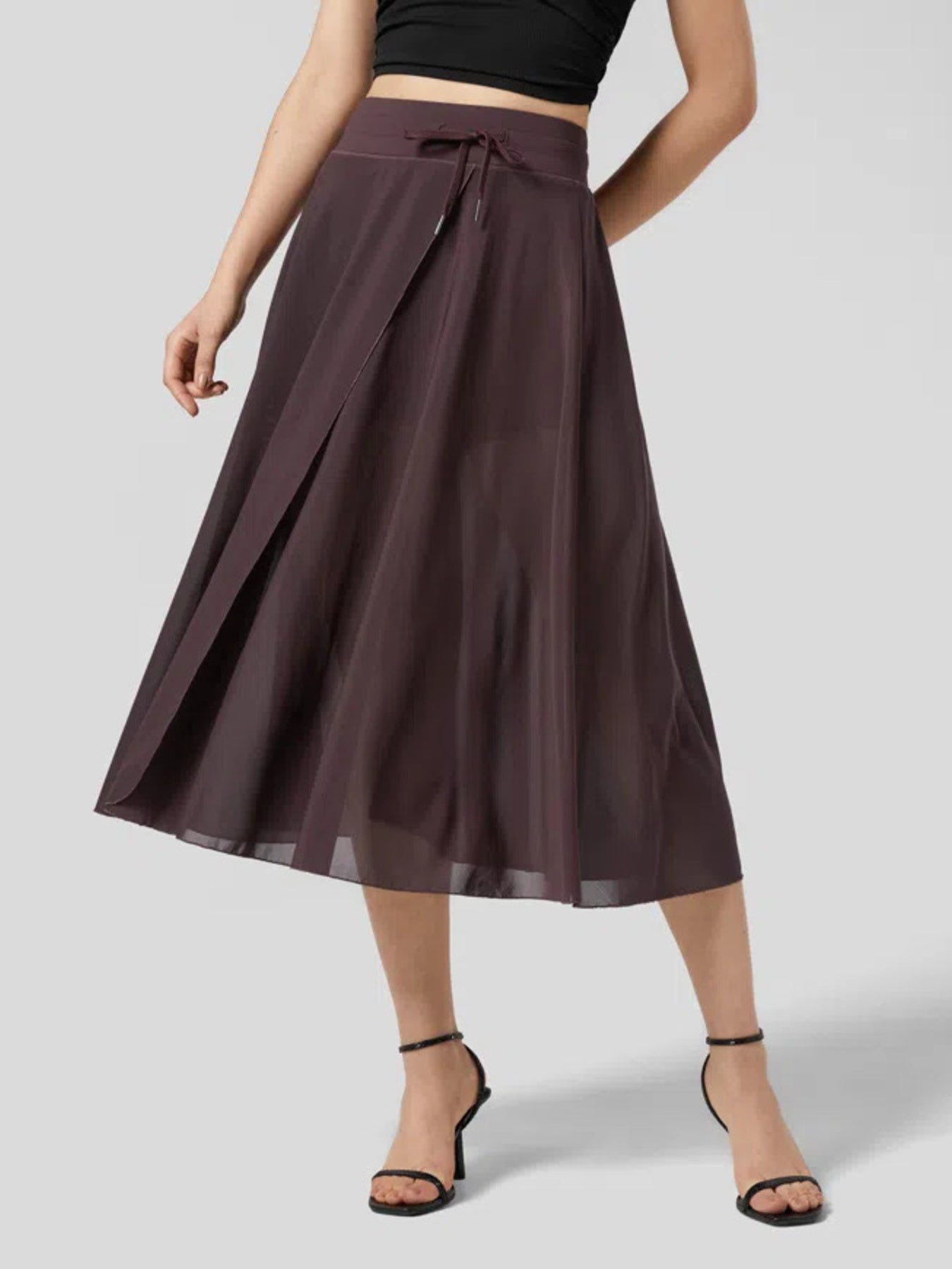 Flowy midi skirt in Coffee with drawstring waist and shorts liner.