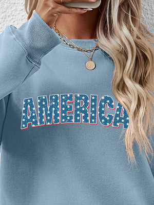 Misty Blue crewneck sweatshirt with America graphic featuring a star pattern.