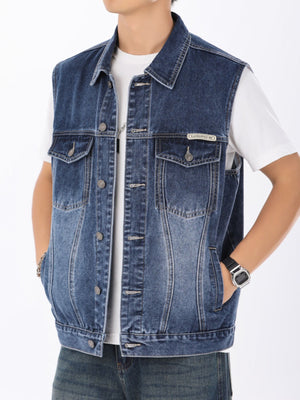 Men's vintage washed denim vest with button-down front and chest pockets.