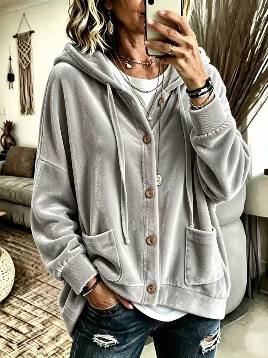 Full Size Casual Button-down Hooded Outerwear in Navy