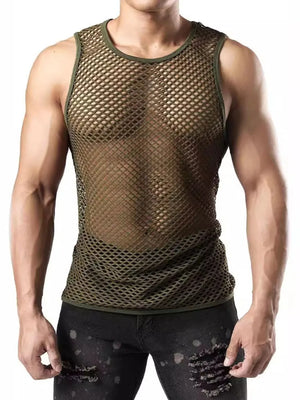 Army green open-knit muscle tank top with a diamond pattern and crew neck.