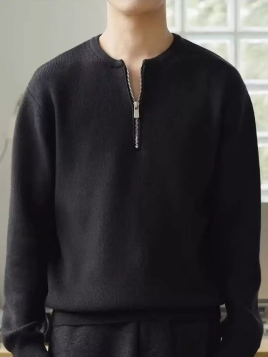 Black quarter zip relaxed fit pullover sweater with silver zipper detail