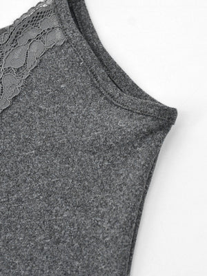 Grey lace trim bodycon mini dress with a scoop neckline and tank straps.
