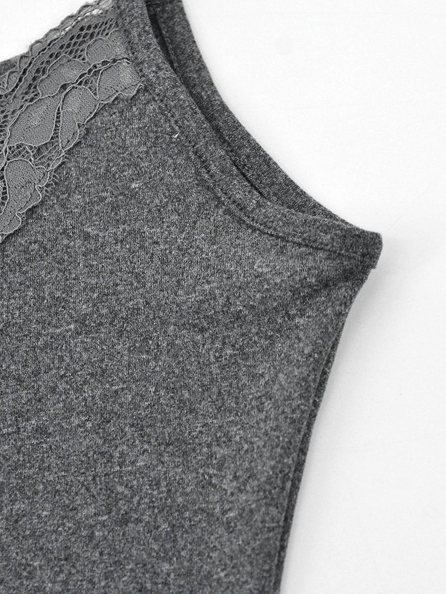 Grey lace trim bodycon mini dress with a scoop neckline and tank straps.