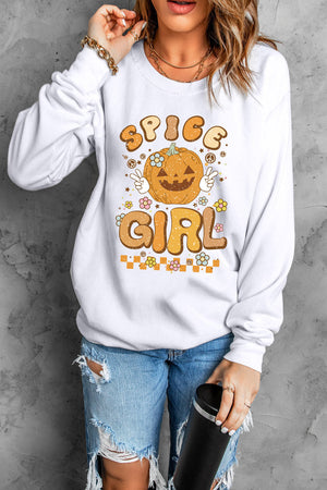 White crewneck sweatshirt with Spice Girl pumpkin graphic and retro floral details.