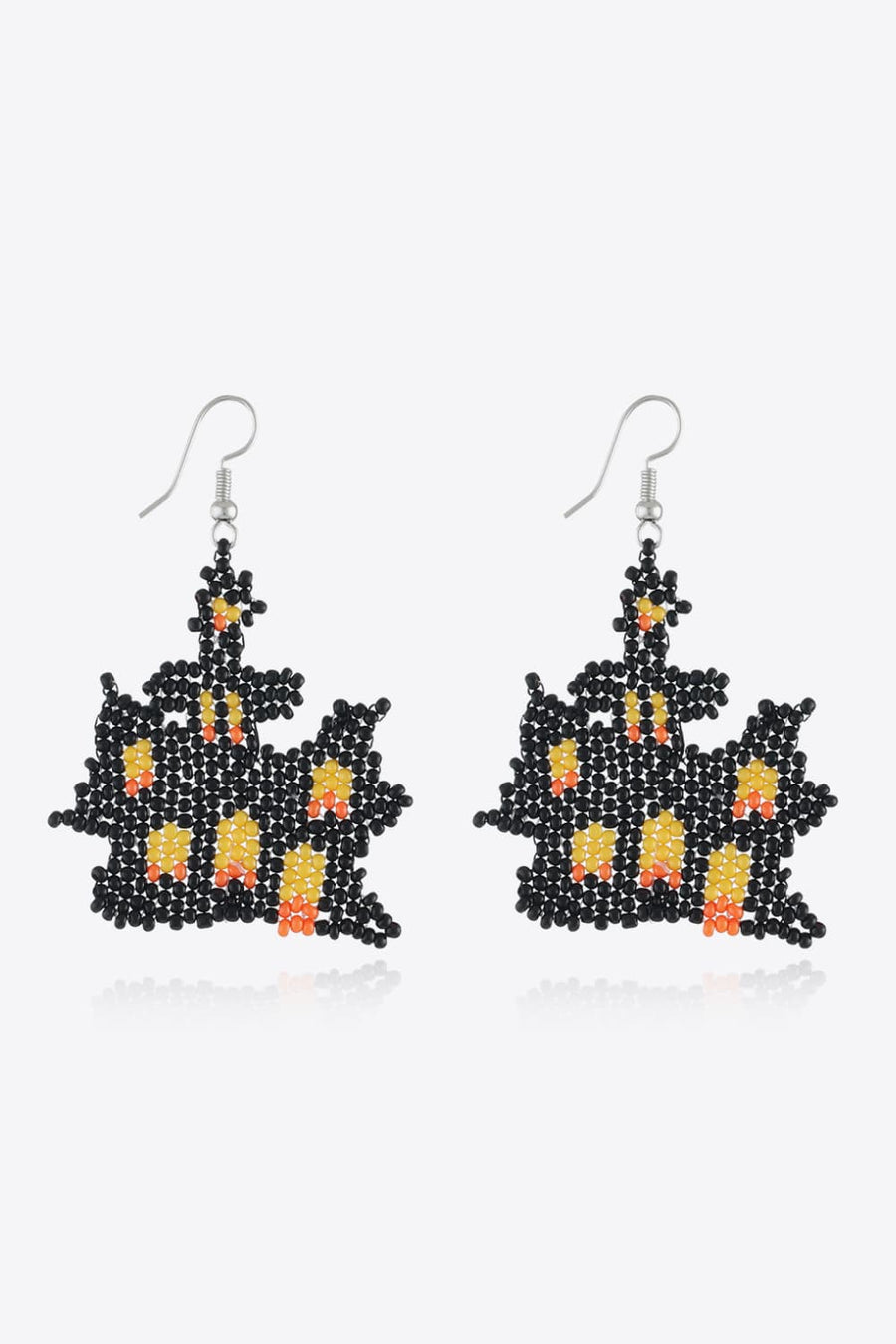 Beaded Castle earrings in black with orange and yellow accents.
