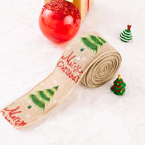 Burlap ribbon with green Christmas trees and red Merry Christmas text