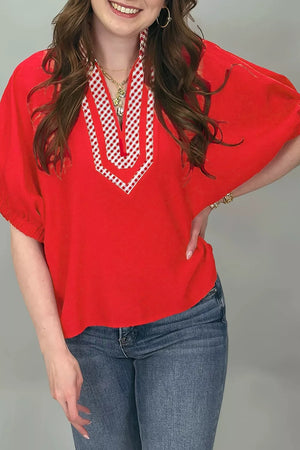 V Neck Plaid Collar Short Sleeve Tunic Blouse option 3