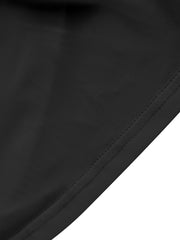 Black asymmetrical ruched off-shoulder top with visible stitching detail.