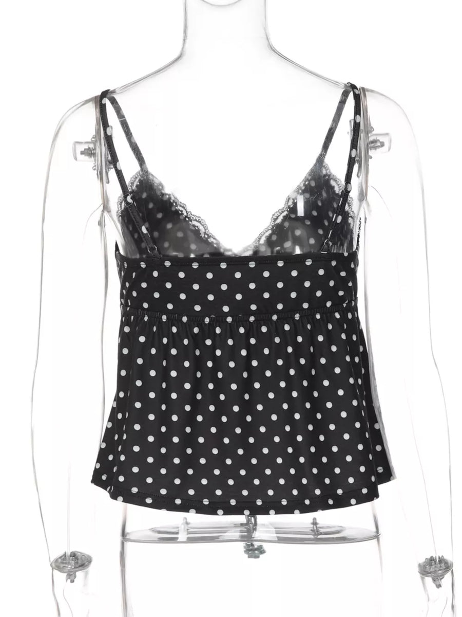 Black polka dot cami with lace trim and adjustable straps.