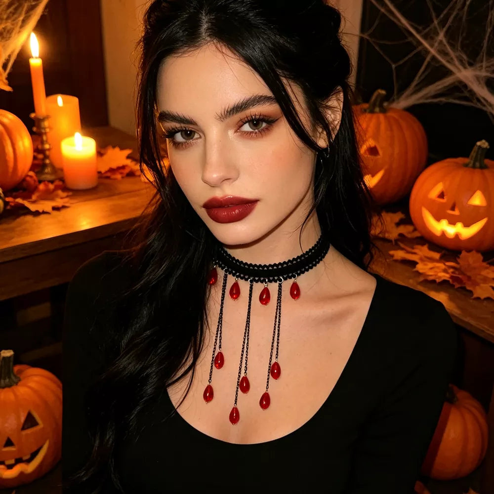 Gothic Lace Choker Necklace With Teardrop Charms in black with lace trim