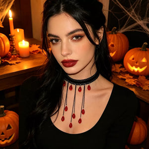Gothic Lace Choker Necklace With Teardrop Charms in black with lace trim