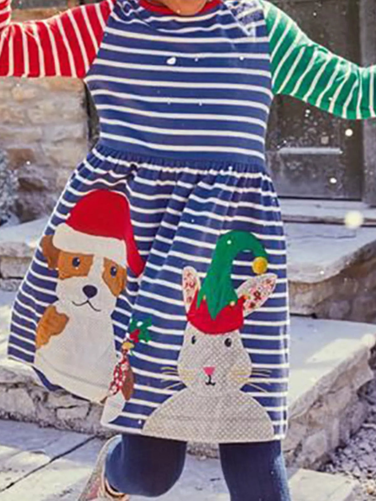 Baby girls' multicolor striped cotton dress with dog and bunny applique.