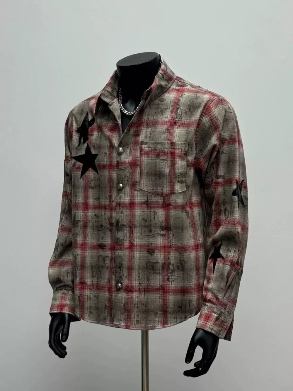 burgundy button-up shirt with plaid and collared