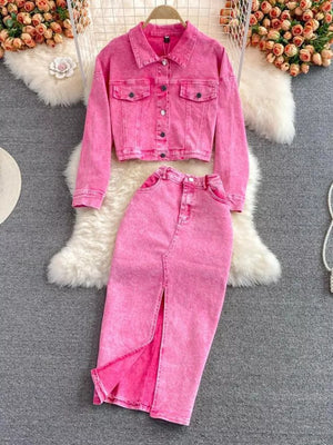 Pink denim jacket and midi skirt set with front button closure and thigh-high slit