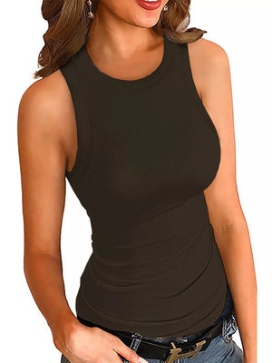 Ribbed fitted round neck tank top in brown.