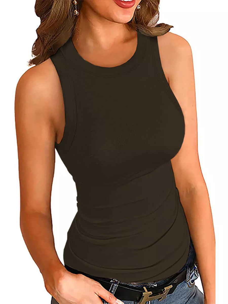 Ribbed fitted round neck tank top in brown.