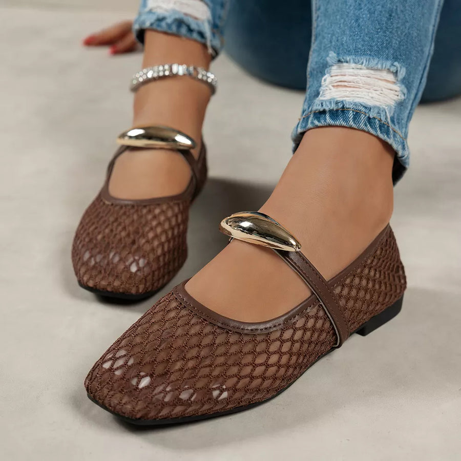 Khaki Square Toe Mesh Slip-on Flats