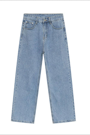 Relaxed fit denim jeans in medium wash with a straight leg and classic five-pocket styling.