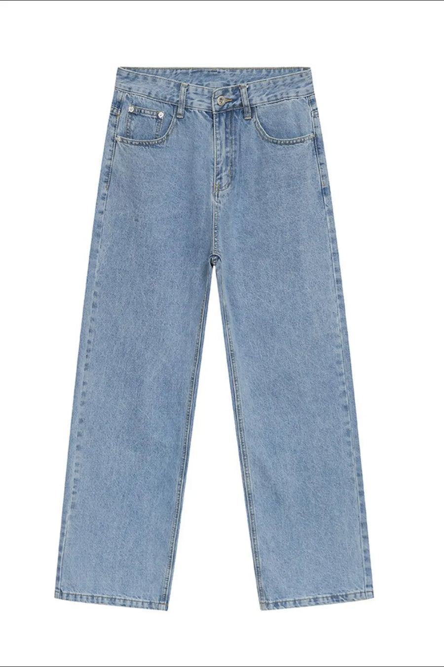 Relaxed fit denim jeans in medium wash with a straight leg and classic five-pocket styling.