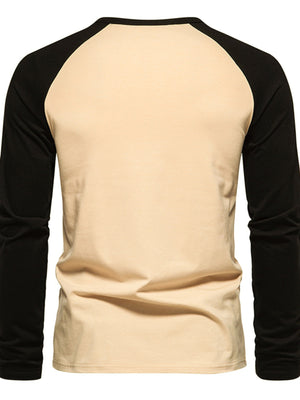 Men's long sleeve raglan t-shirt in beige with black sleeves and crew neck.