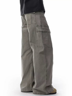 Men's khaki cargo pants with multiple pockets and a relaxed fit.