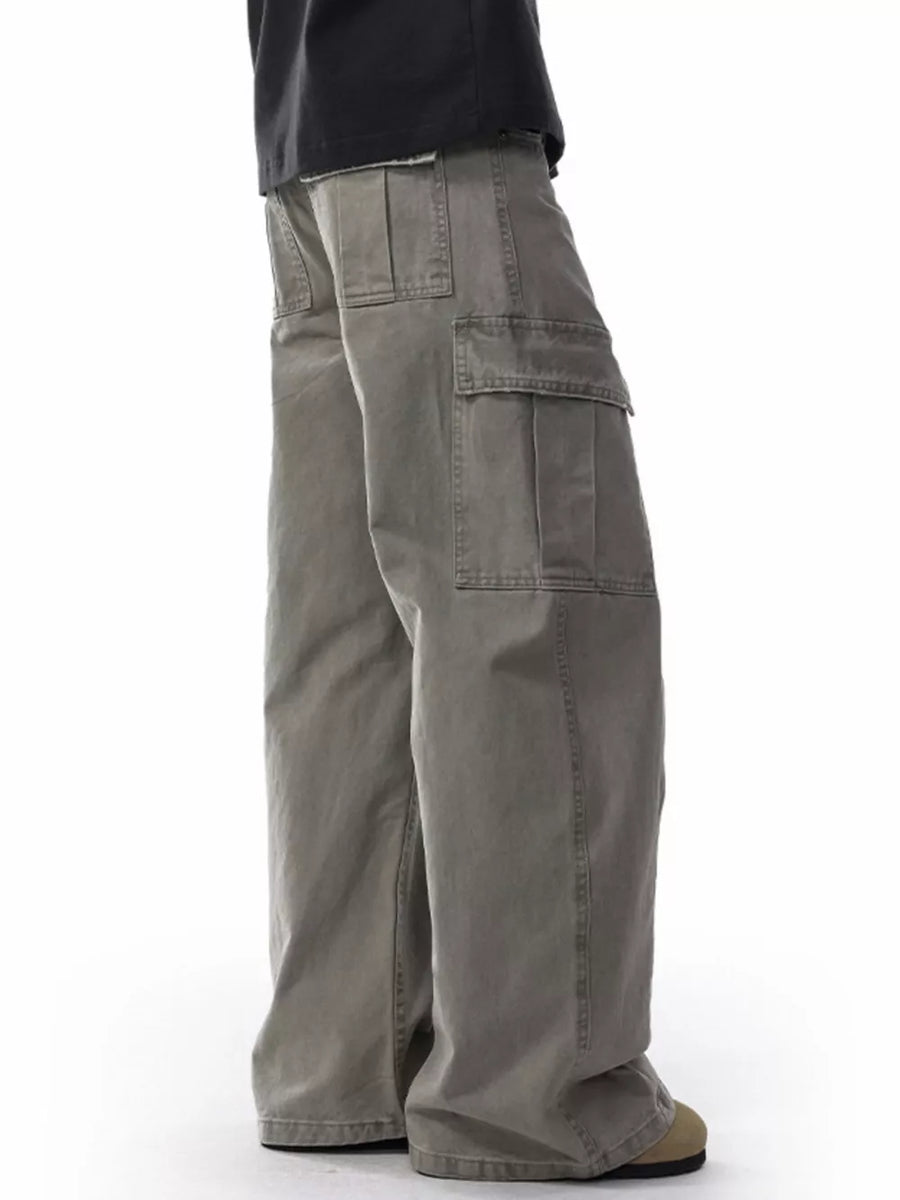 Men's khaki cargo pants with multiple pockets and a relaxed fit.