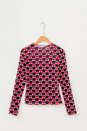 Plaid Heart Mesh Sheer Long Sleeve Top, view 11