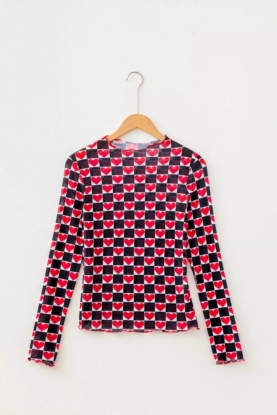 Plaid Heart Mesh Sheer Long Sleeve Top, view 11