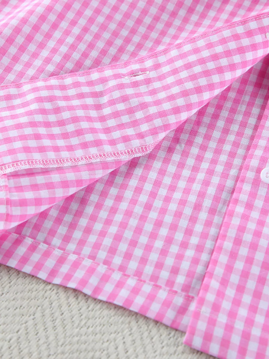Gingham Button-down Top And Pants Loungewear Set in Fuchsia Pink