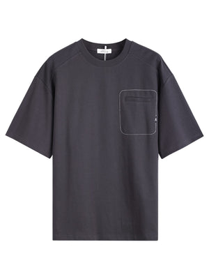 Dark gray cotton crew neck t-shirt with decorative contrast stitching on the chest pocket.