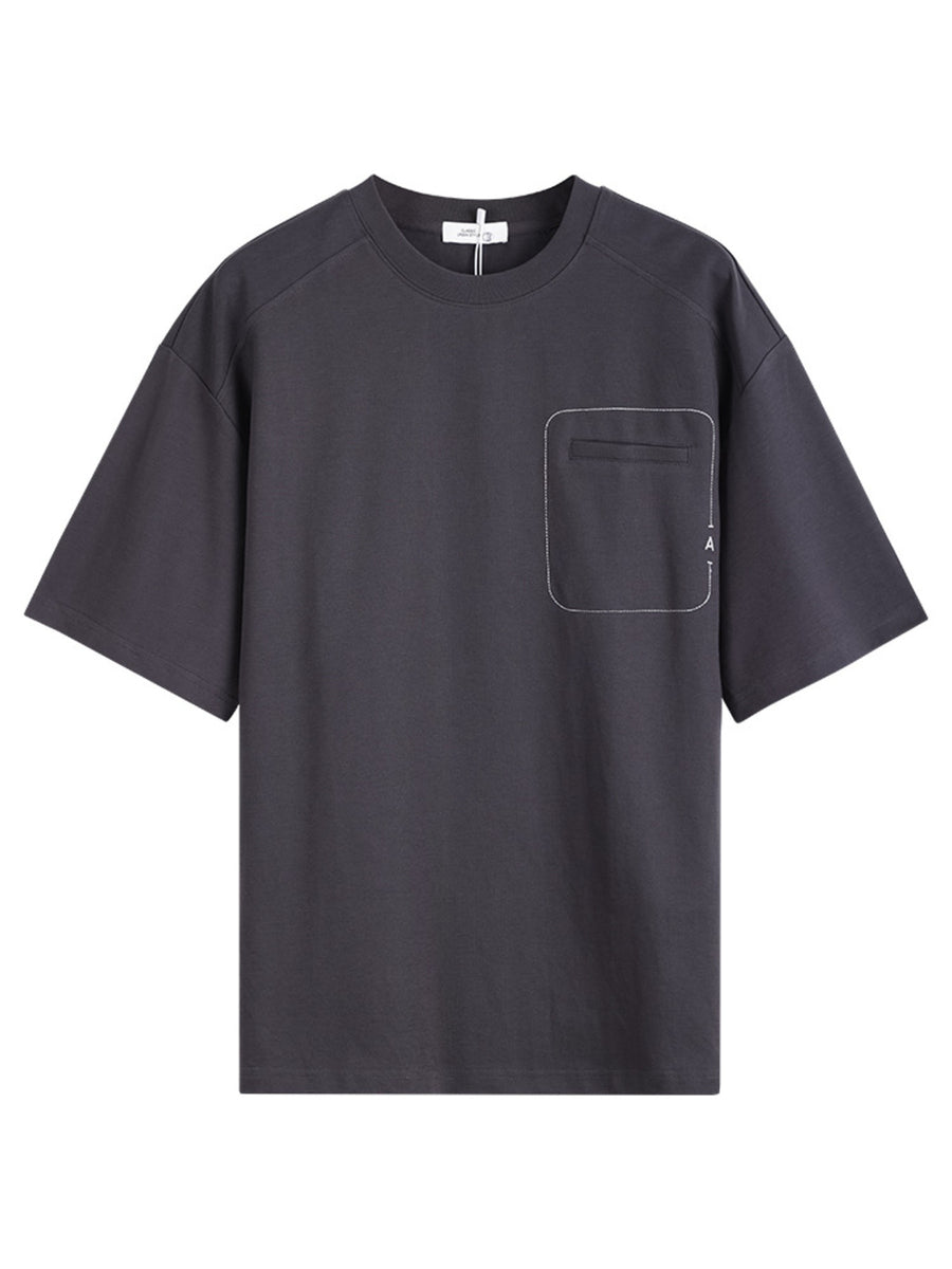 Dark gray cotton crew neck t-shirt with decorative contrast stitching on the chest pocket.