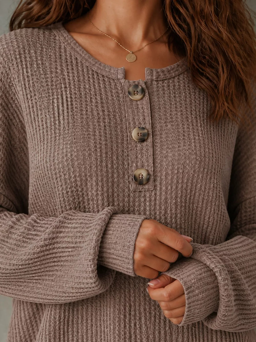 henley in Black with waffle knit and buttoned placket